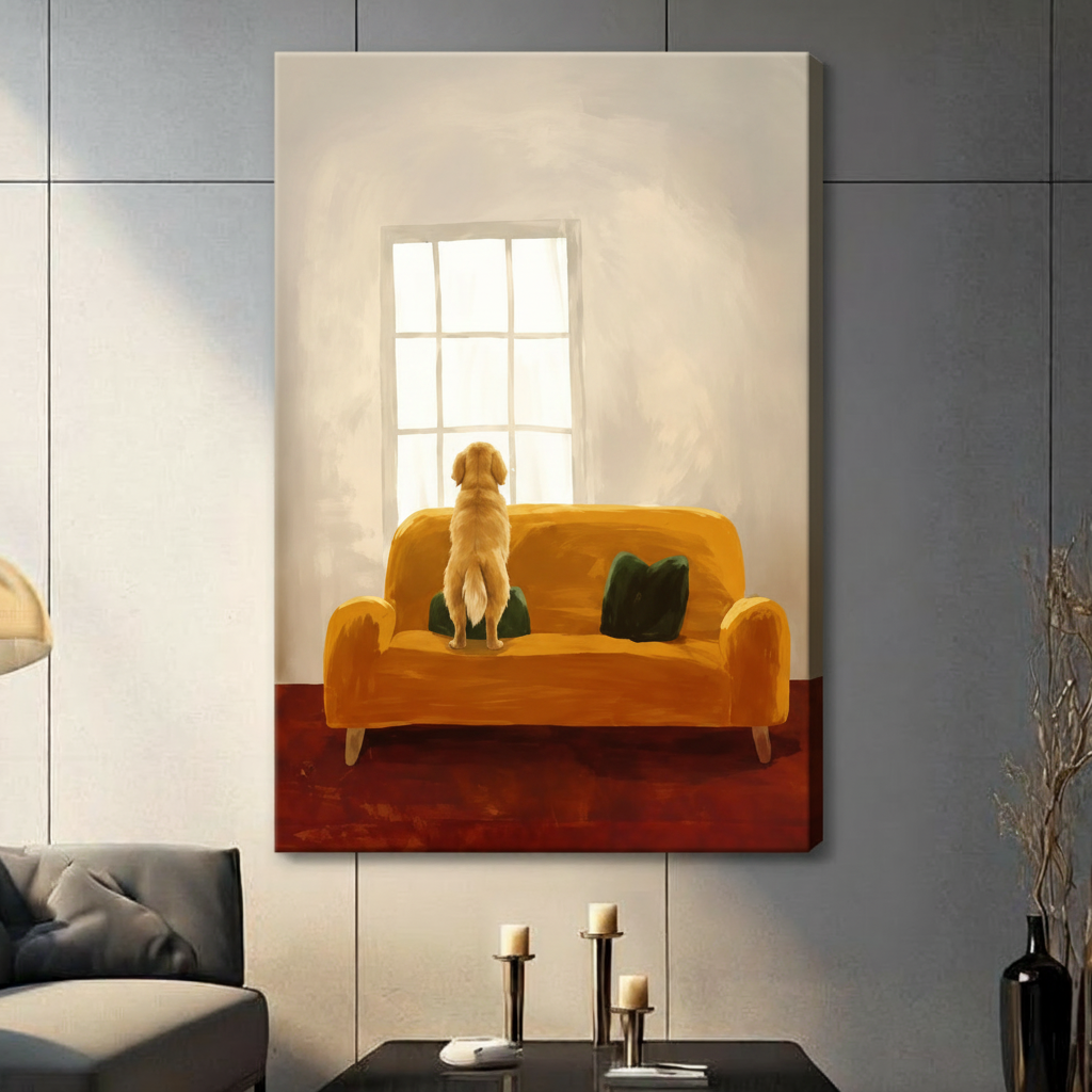 Golden retriever on mustard yellow sofa looking out window — stretched canvas wrap wall art, frameless gallery style