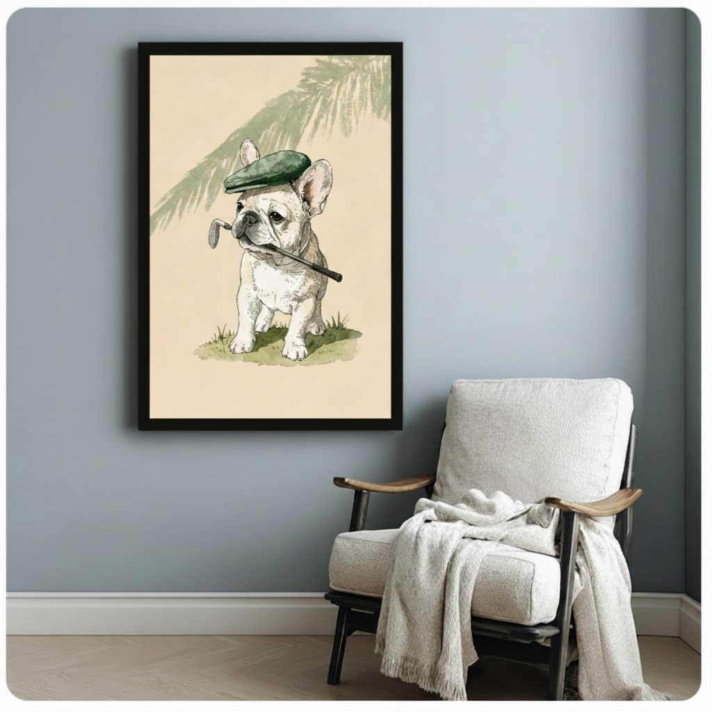 Whimsical Frenchie golfer framed art print on a light blue-gray wall beside a white linen armchair with a draped throw