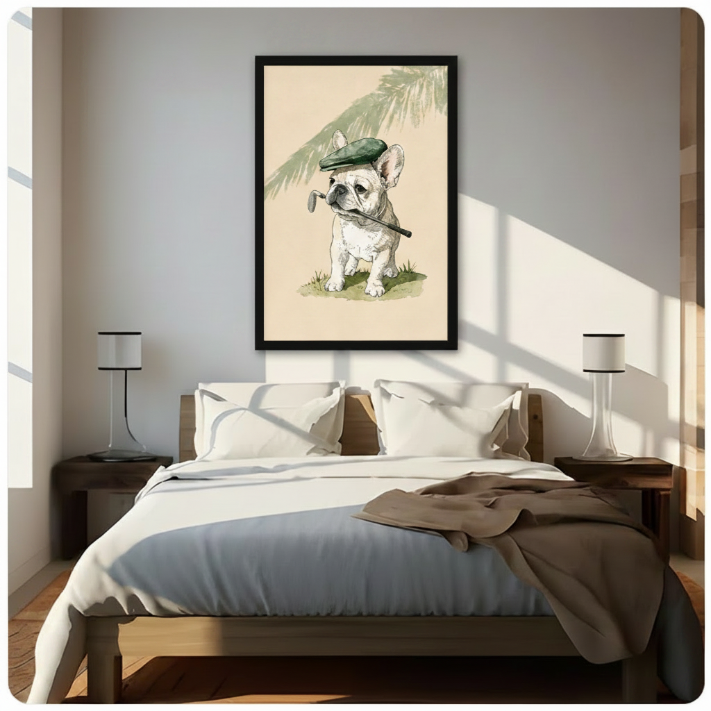 Golf dog framed canvas wall art above a wooden bed with white linen bedding, flanked by minimalist table lamps in a sunlit bedroom