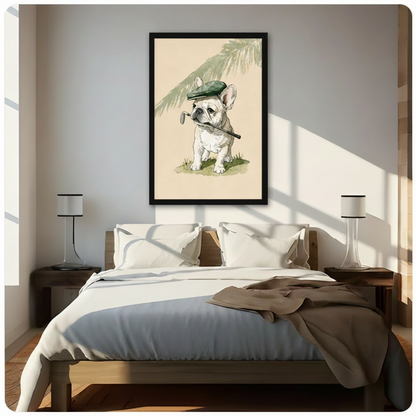 Golf dog framed canvas wall art above a wooden bed with white linen bedding, flanked by minimalist table lamps in a sunlit bedroom