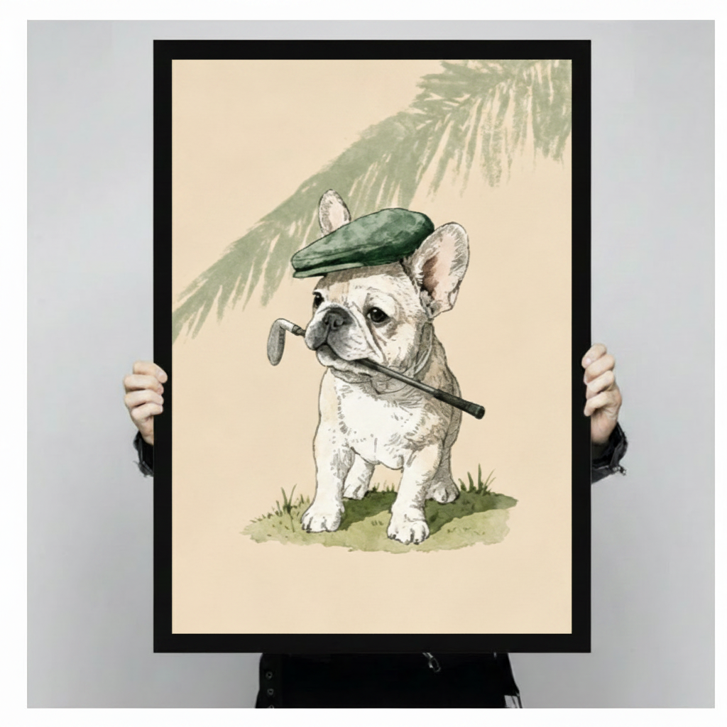 French Bulldog with golf club framed poster print held up against a light gray backdrop, showing print size and black frame detail