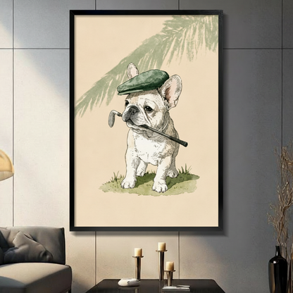 French Bulldog golfer framed wall art print displayed in a modern living room with dark gray sofa and candlestick decor