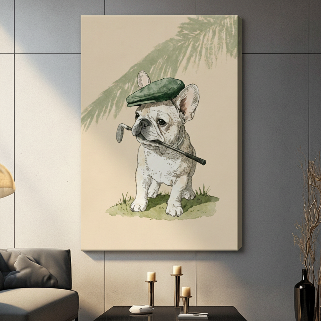 Vintage French Bulldog golf canvas wall art in cream and sage green tones, displayed frameless in a contemporary living room