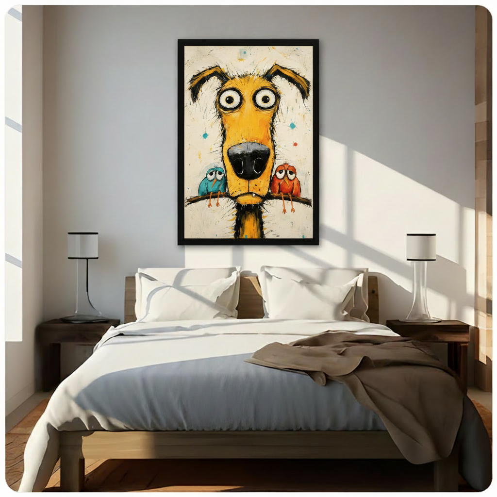 Bedroom wall art of a whimsical wide-eyed yellow dog with a blue and red bird on a branch, displayed above a bright Scandinavian-style bed