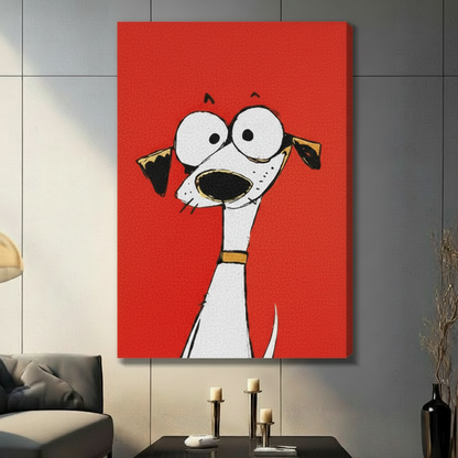Quirky cartoon greyhound canvas wrap art print with oversized eyes on vibrant red background, frameless wrap style hung on grey wall