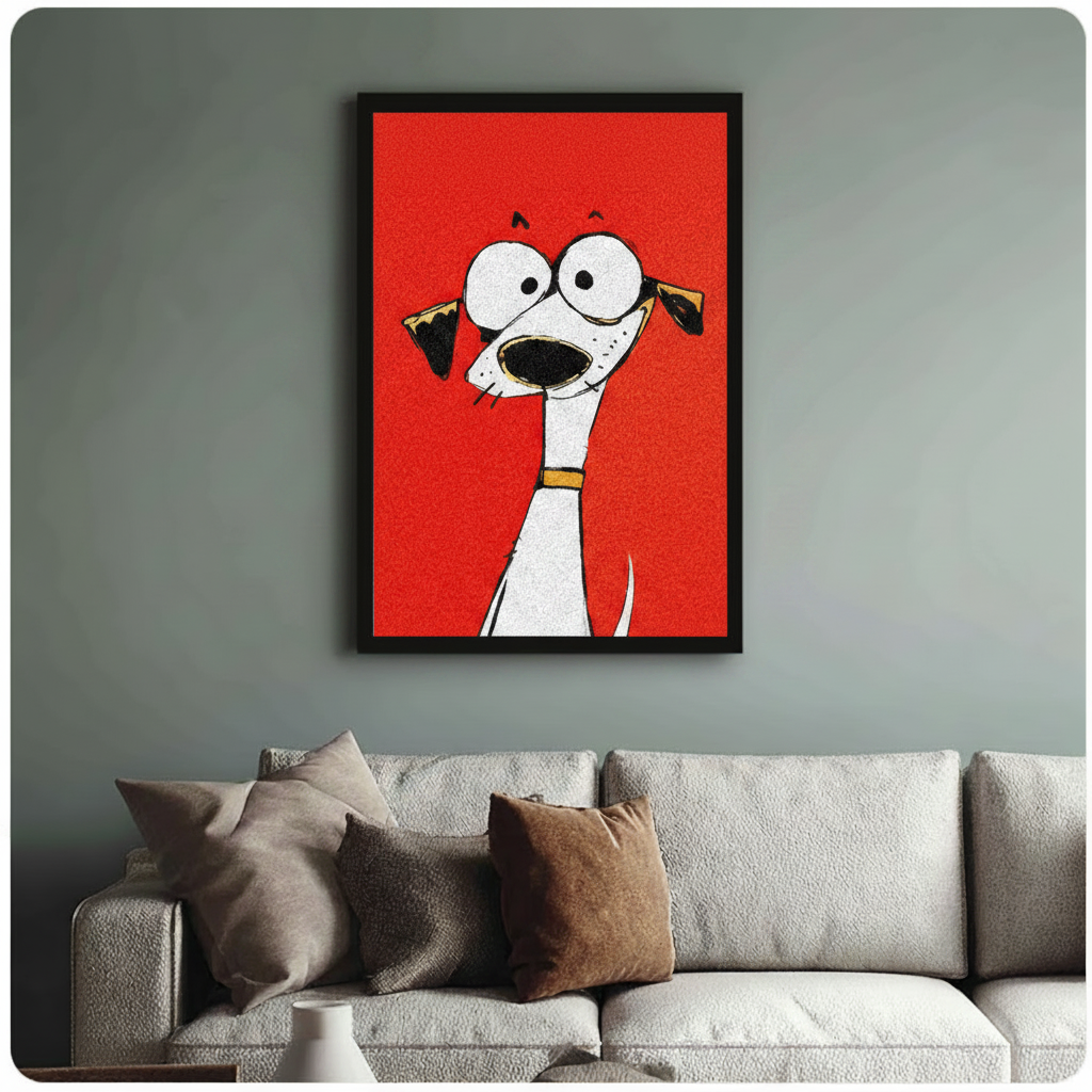 Humorous wide-eyed greyhound wall art in black frame hung above cream textured sofa in modern grey living room, bold red cartoon illustration