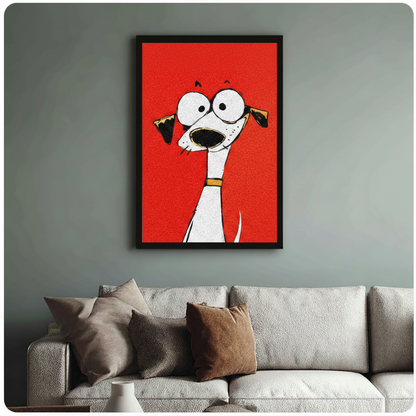 Humorous wide-eyed greyhound wall art in black frame hung above cream textured sofa in modern grey living room, bold red cartoon illustration