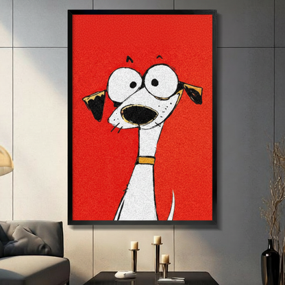 Funny googly-eyed greyhound wall art print with bold red background and yellow collar, displayed in black frame on dark grey wall with candle decor