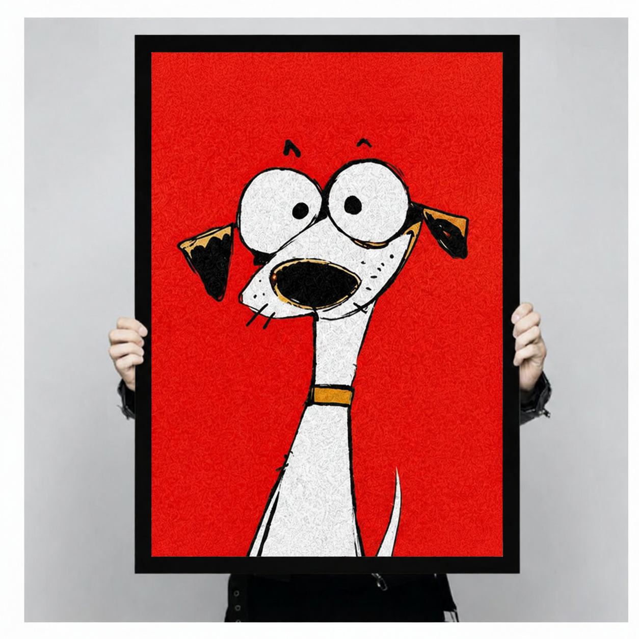 Bold red greyhound wall art print featuring a googly-eyed cartoon dog with yellow collar, held up in black frame to show full print size