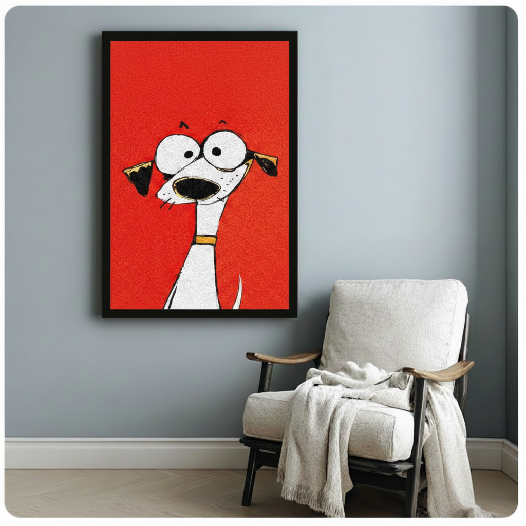 Funny cartoon greyhound framed art print with expressive big eyes and yellow collar, displayed in black frame beside linen armchair in grey reading nook