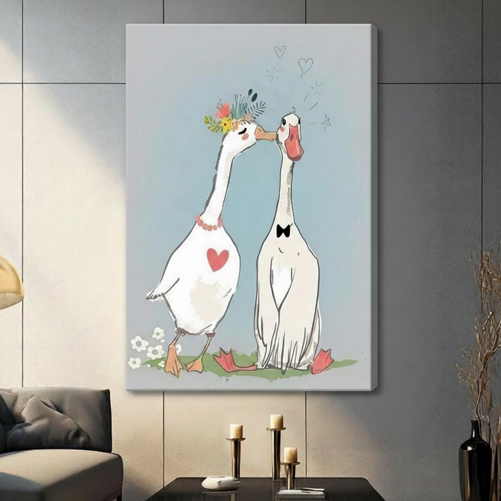 Cute goose couple kissing canvas wrap art print with heart and flower crown detail on pale blue background, frameless wrap on grey wall