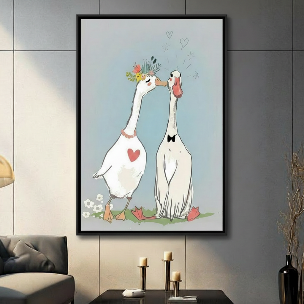 Romantic goose couple wall art print with floral crown and bow tie, illustrated in soft blue tones, displayed in black frame on dark grey wall