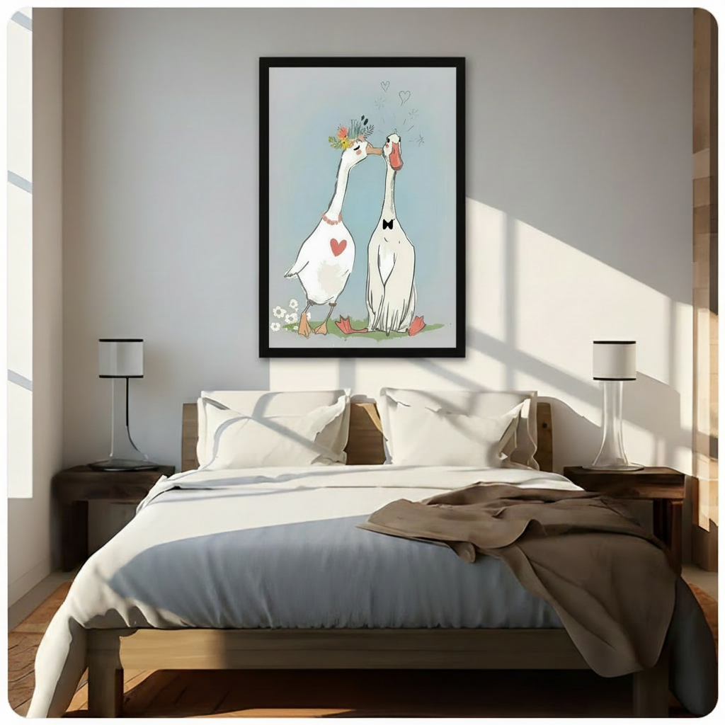 Sweet goose couple wall art print in black frame hung above wooden bed in sunlit neutral bedroom, soft blue romantic illustration with heart motif