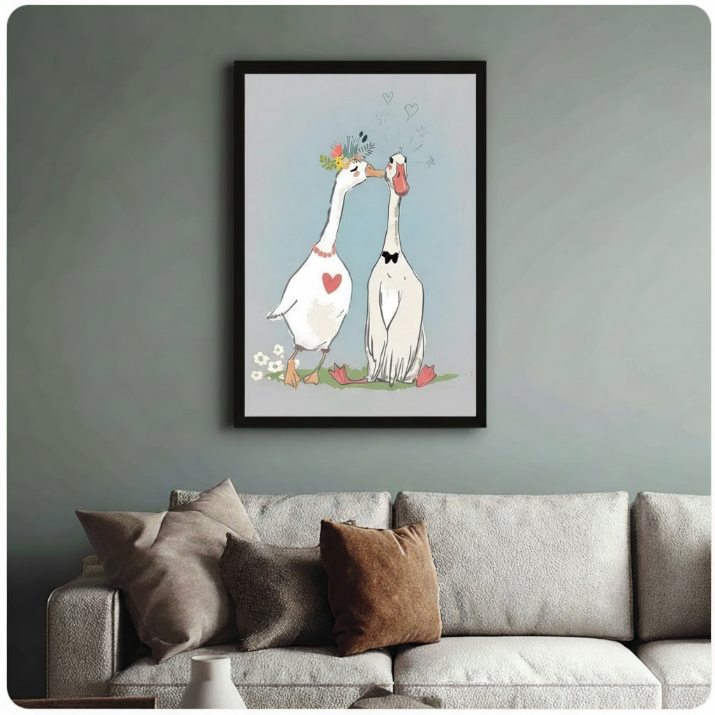 Whimsical goose couple in love framed wall art with floral crown and bow tie, hung above cream textured sofa in sage green living room