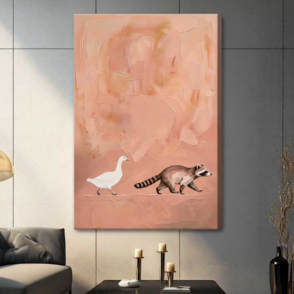 Gallery wrap stretched canvas of a white goose leading a raccoon across a soft peach coral abstract background with thick impasto palette knife texture and crackle surface minimalist naive art painting hung frameless on a gray tile wall above a dark sofa with metal candlesticks