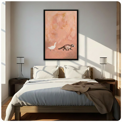 Black framed serene minimalist white goose and raccoon walking side by side on a soft peach coral impasto textured abstract background modern naive art canvas wall art hung in warm diagonal sunlight above a dark wood bed with white linen bedding and matching wood nightstands