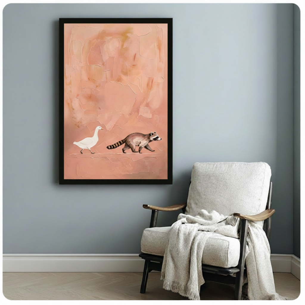 Black framed charming minimalist goose and raccoon duo strolling on a warm blush pink heavily textured abstract canvas with palette knife impasto marks modern naive art print hung on a soft blue-gray wall beside a white linen wood armchair with a draped cream knit throw