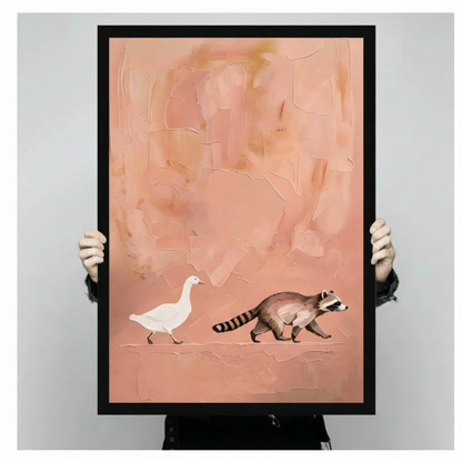Two hands in black jacket sleeves holding a large black framed minimalist white goose and raccoon walking on a warm coral pink impasto abstract background naive art canvas art print with palette knife crackle texture, front-facing vertical product size display