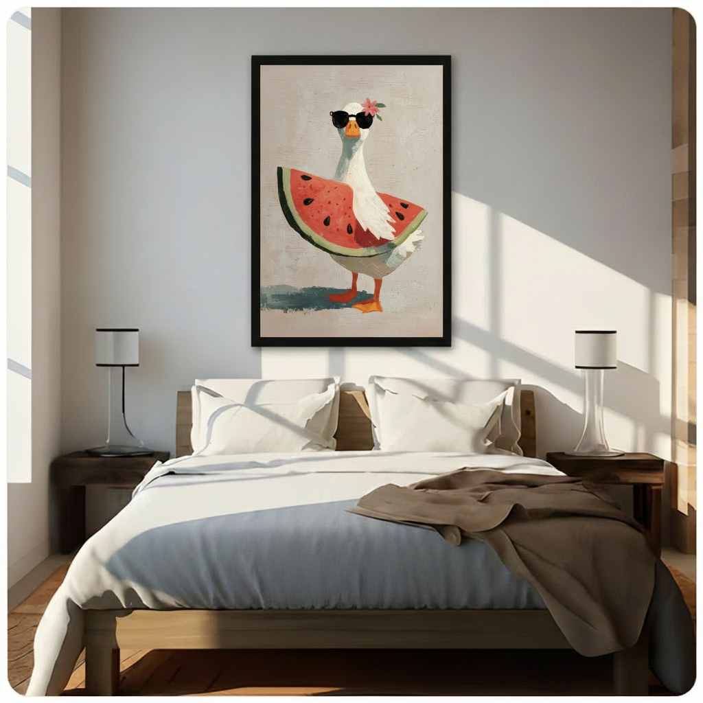 Funky goose watermelon framed canvas print above bed in bright Scandinavian bedroom — cheerful whimsical animal wall art with summer oil painting character