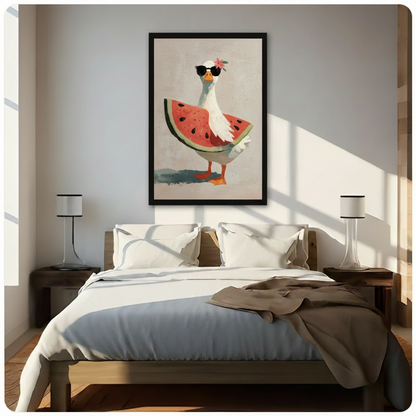 Funky goose watermelon framed canvas print above bed in bright Scandinavian bedroom — cheerful whimsical animal wall art with summer oil painting character