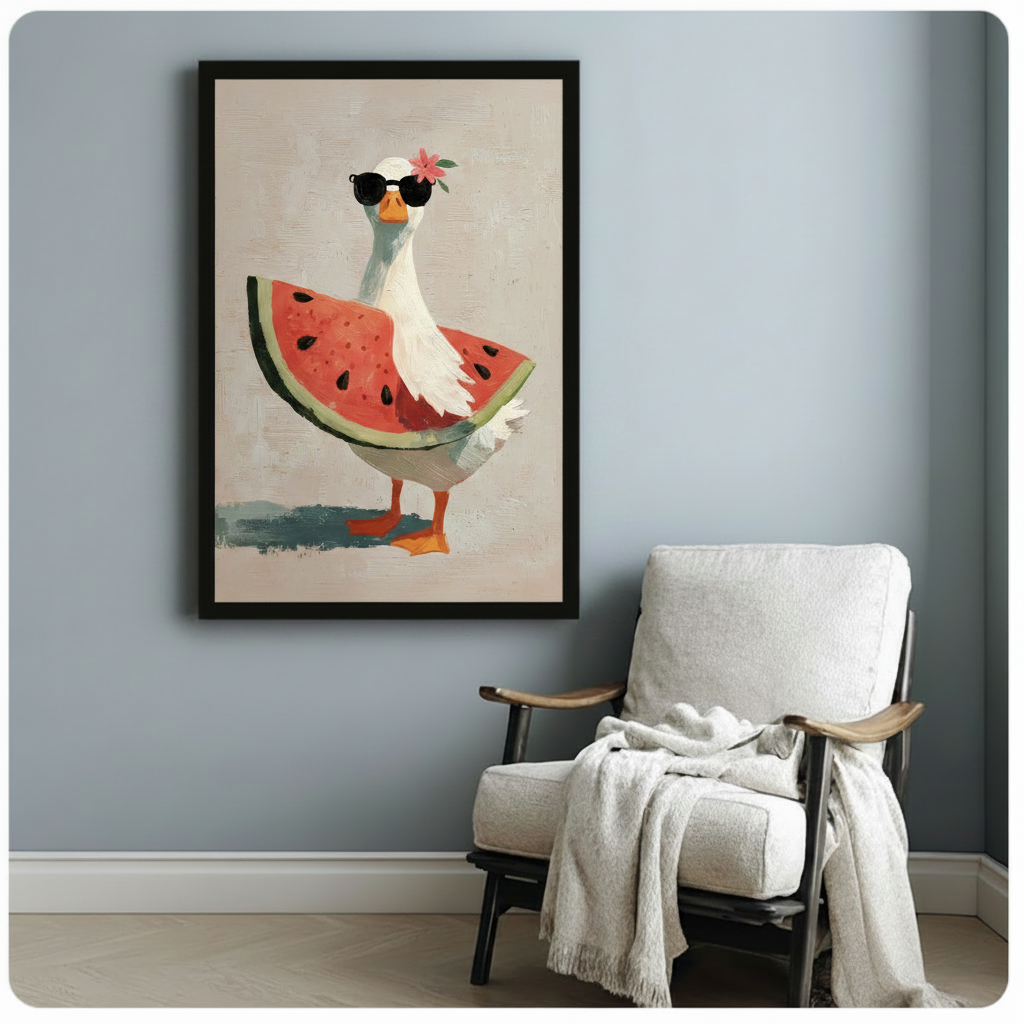 Framed goose watermelon canvas art beside armchair on blue-gray wall — whimsical summer animal oil painting for boho and cottagecore home decor