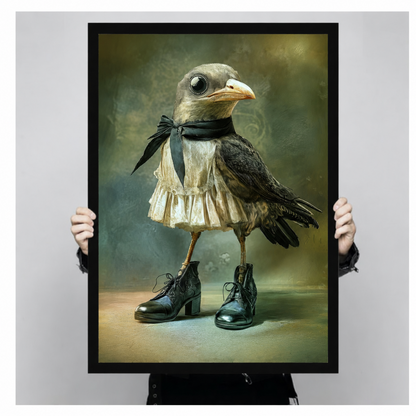 Close-up of gothic anthropomorphic crow art print in black frame, featuring lace dress and mismatched leather boots on aged teal background