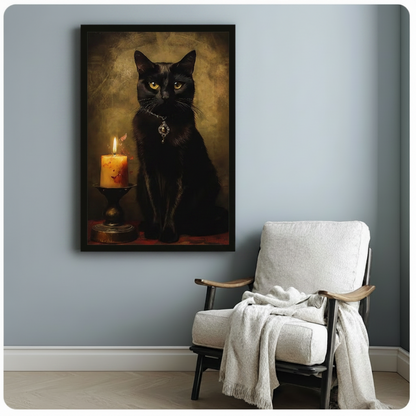 gothic black cat candlelight oil painting framed canvas wall art blue gray wall white armchair cozy reading nook