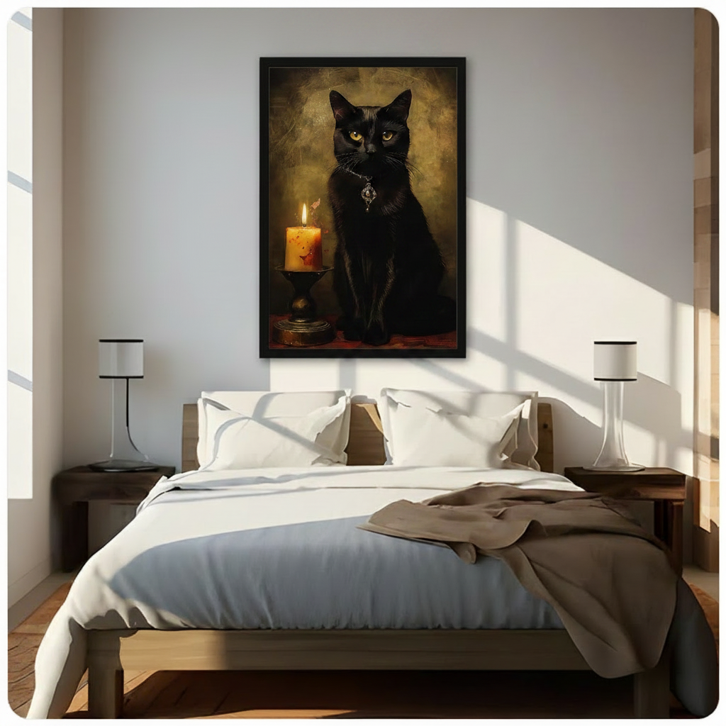 gothic black cat candle portrait framed wall art above bed modern bedroom sunlight white bedding wooden nightstands