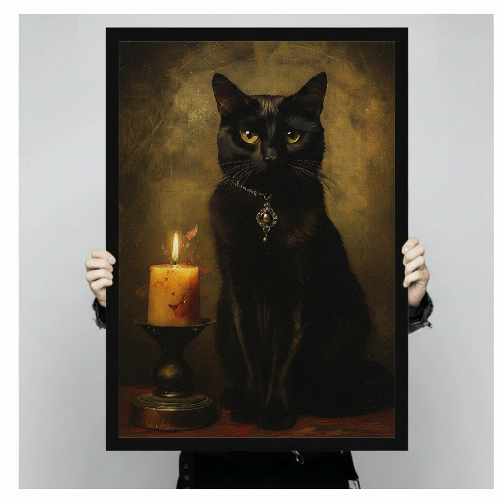 dark moody black cat jeweled necklace vintage portrait framed print hand held display black frame close-up