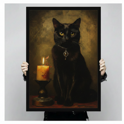 dark moody black cat jeweled necklace vintage portrait framed print hand held display black frame close-up