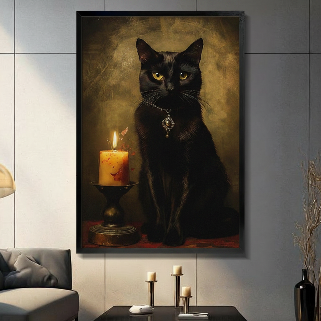 black cat candlelight oil painting large framed canvas gray paneled living room sofa candle holders dark eclectic decor