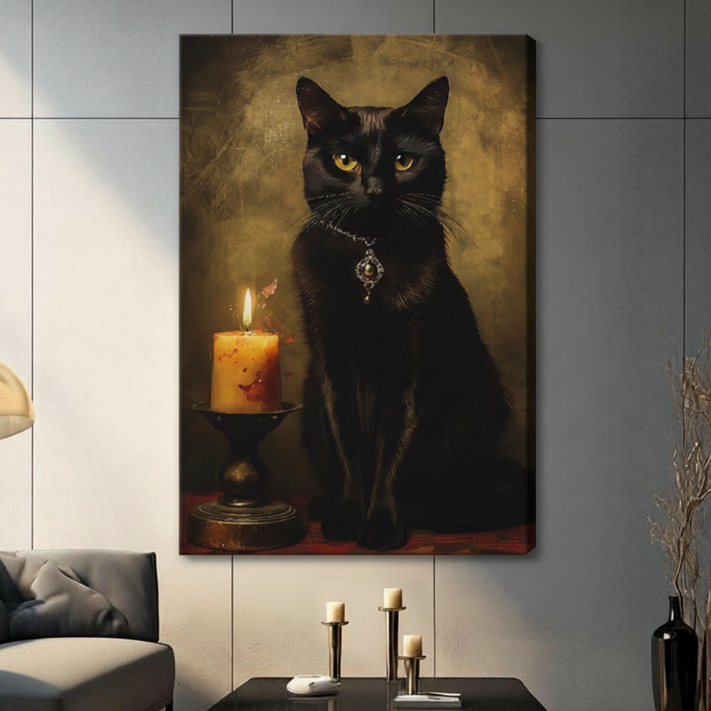 gothic black cat portrait stretched canvas no frame gray living room wall candle holders dark moody maximalist decor