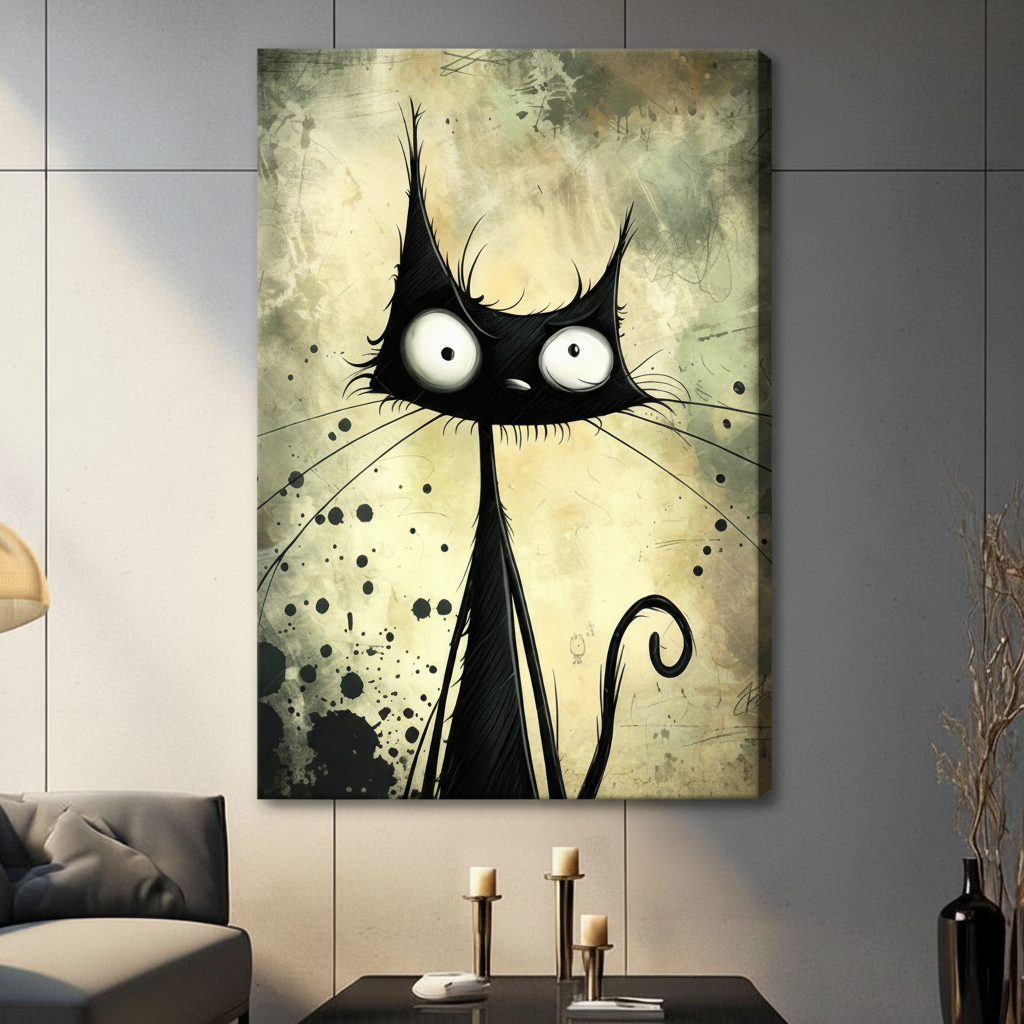 Gallery wrap stretched canvas of a quirky gothic black cat illustration with ink splatter texture hung frameless on a dark gray wall above candlestick holders and black vase