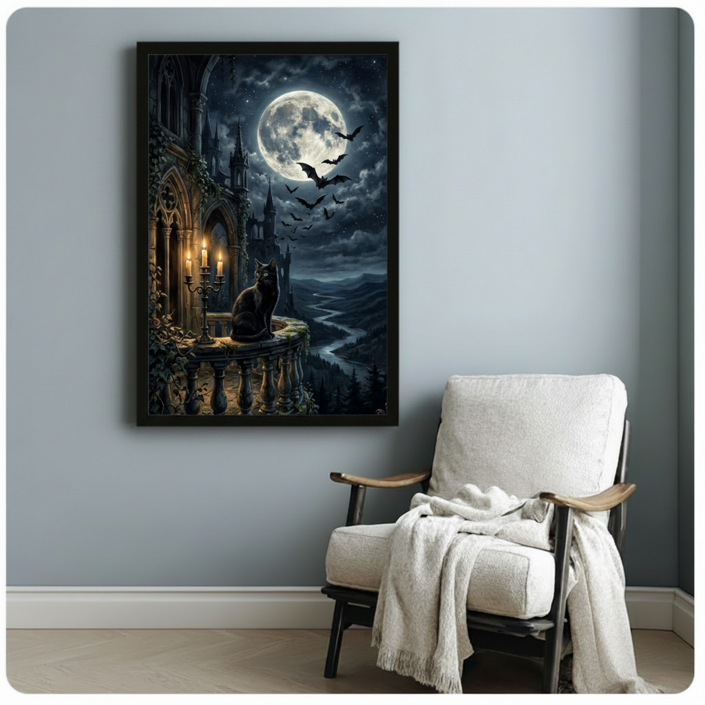 Atmospheric gothic black cat on stone castle balcony with ivy vines, three-arm gold candelabra, dramatic full moon, flock of bats, and misty dark valley landscape dark academia oil painting framed art poster displayed beside a wooden armchair with white draped throw blanket against a soft blue-gray wa