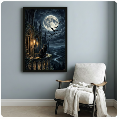 Atmospheric gothic black cat on stone castle balcony with ivy vines, three-arm gold candelabra, dramatic full moon, flock of bats, and misty dark valley landscape dark academia oil painting framed art poster displayed beside a wooden armchair with white draped throw blanket against a soft blue-gray wa