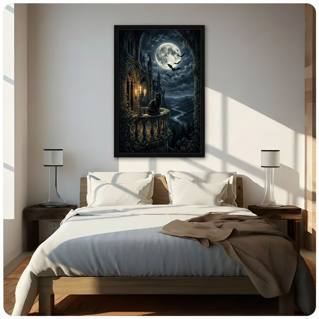 Moody dark academia black cat on gothic castle stone balcony with ivy, golden candle holder, full moon glow, flying bats in stormy night sky, and dark pine forest valley oil painting framed wall art print hanging above a modern bedroom bed with white linen bedding, dark wood nightstands, and minimalist white table lamps