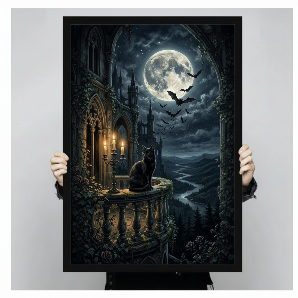 Dramatic dark gothic black cat seated on ivy-covered stone balustrade with glowing gold candelabra, towering gothic spire castle, luminous full moon, silhouetted bats, and deep forest river valley oil painting framed wall art print held up for size reference against a light gray neutral background