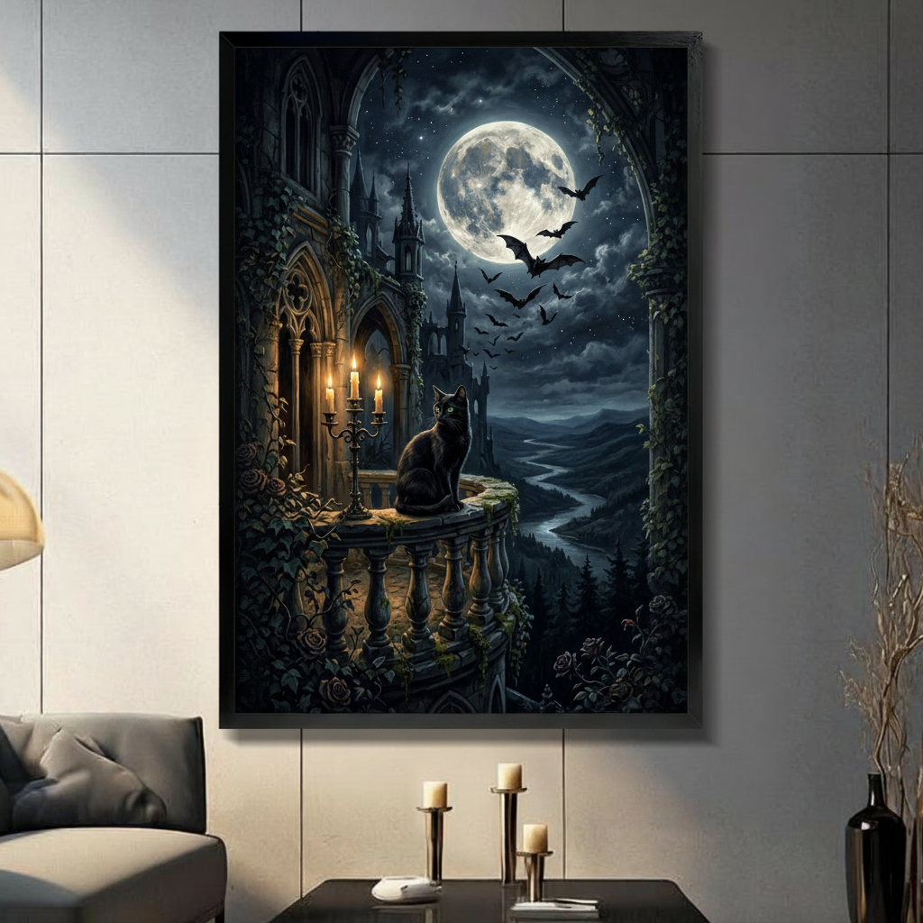 Dark academia gothic black cat sitting on ivy-covered stone castle balcony beside gold candelabra with glowing candles under a full moon with flying bats and dark forest valley oil painting framed wall art print displayed in a living room with dark gray sofa, pillar candle holders, and black decorative vase