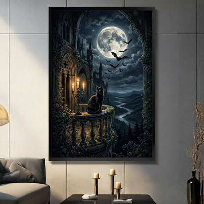 Dark academia gothic black cat sitting on ivy-covered stone castle balcony beside gold candelabra with glowing candles under a full moon with flying bats and dark forest valley oil painting framed wall art print displayed in a living room with dark gray sofa, pillar candle holders, and black decorative vase