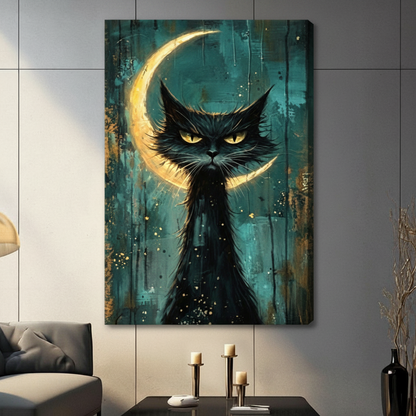 Stretched canvas gothic black cat with crescent moon wall art featuring a fierce shaggy black cat with glowing amber eyes and dramatic spiky fur framed by a luminous golden crescent moon against a deep teal and burnt gold drip-textured background with gold star splatter, hung on a gray tiled wall above a dark gray sofa 