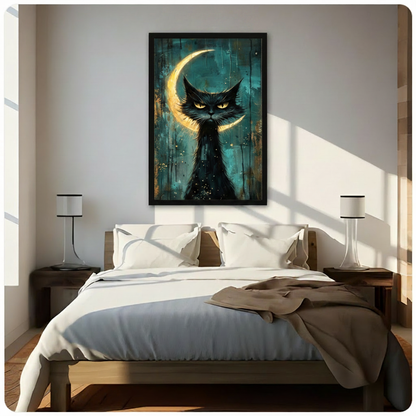 Black framed gothic black cat with crescent moon canvas art with an intense brooding black cat with glowing golden eyes and dramatic spiky fur backed by a luminous golden crescent moon on a moody deep teal and burnt gold drip-painted background with scattered gold star flecks, hung above a dark wood bed with white linen bedding in a sunlit minimal bedroom