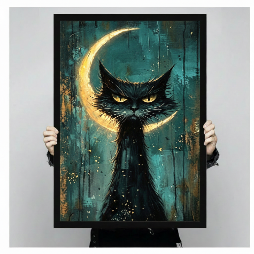 Hands holding a large black framed gothic black cat with crescent moon canvas art print with a fierce brooding black cat with piercing amber eyes and wild spiky fur set against a luminous golden crescent moon on a deep teal and dark gold drip-textured background with gold star splatter