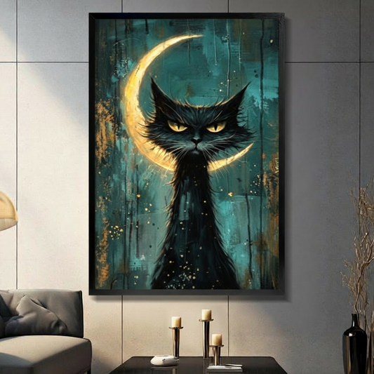 Black framed gothic black cat with crescent moon canvas art with an intense brooding black cat with piercing golden yellow eyes and wild spiky fur set against a glowing golden crescent moon on a moody teal and dark gold drip-painted background with scattered gold star flecks, hung on a gray tiled wall above a dark gray sofa