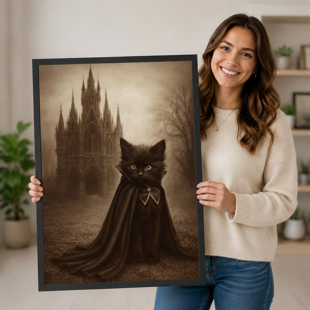 Woman holding large framed gothic black cat vampire canvas print — premium dark fantasy wall art gift idea