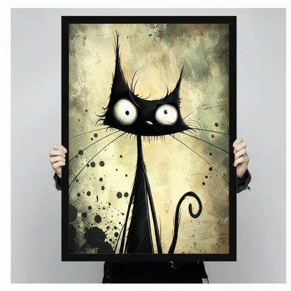 Hands holding a large black framed gothic black cat canvas art print against a neutral gray background, front-facing product size reference display