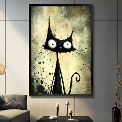 Black framed gothic black cat canvas wall art with distressed yellow-green watercolor background displayed in a moody dark gray living room with candlesticks and black vase