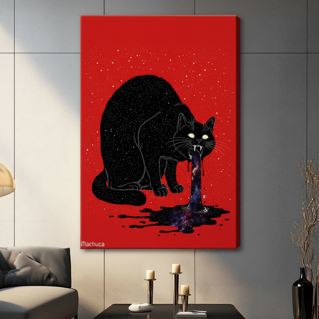 Stretched canvas gothic black cat vomiting galaxy wall art featuring a massive hunched cosmic black cat with glowing eyes and exposed fangs pouring a swirling nebula galaxy stream from its mouth onto a spreading black ink puddle against a bold vivid red background with gold star scatter signed Machuca, hung on a gray panel wall above a dark gray sofa