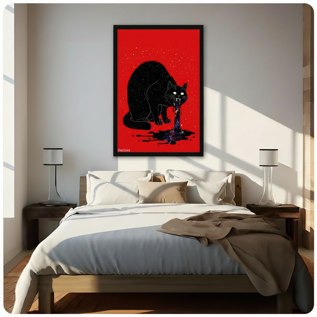 Black framed gothic black cat vomiting galaxy canvas art with a large hunched star-filled black cat with glowing eyes and exposed fangs pouring a swirling nebula galaxy stream from its mouth onto a spreading black ink splatter puddle against a vivid red background with scattered gold star flecks signed Machuca, hung above a dark wood bed with white linen bedding in a sunlit bedroom