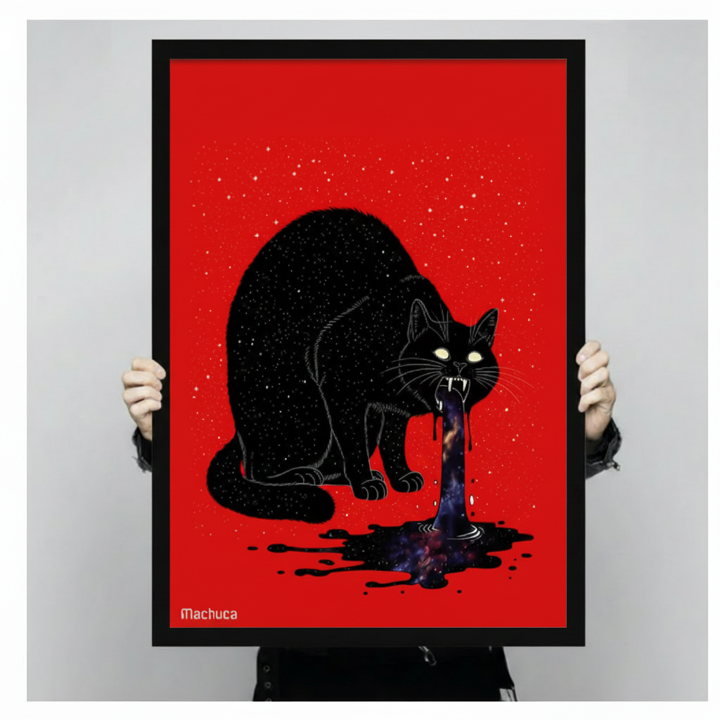Hands holding a large black framed gothic black cat vomiting galaxy canvas art print with a hunched cosmic black cat filled with stars and glowing yellow-green eyes and bared fangs dripping a swirling purple blue nebula stream onto a black ink puddle against a bold vivid red background with gold star scatter signed Machuca