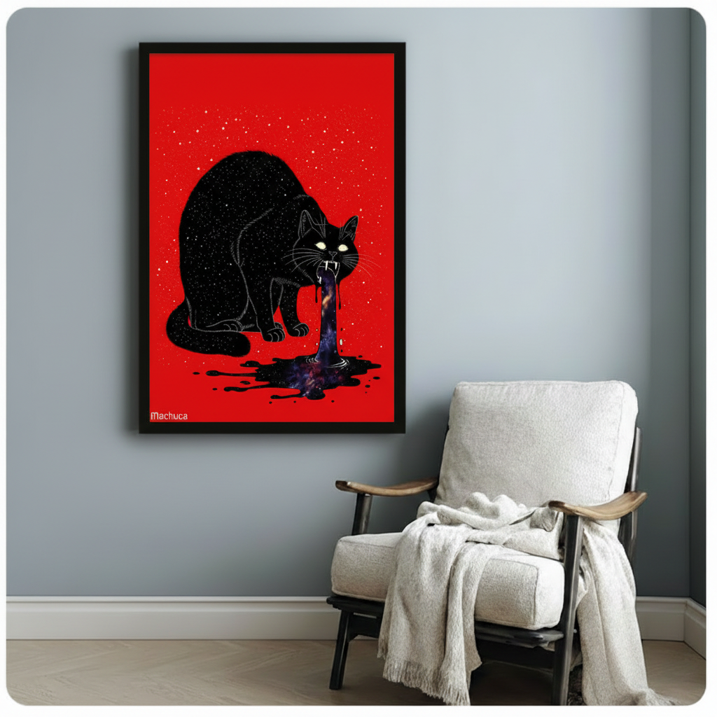 Black framed gothic black cat vomiting galaxy canvas art showing a crouching star-speckled black cat with piercing yellow-green eyes and bared fangs releasing a dripping swirling purple blue galaxy vortex onto a black ink splatter on a vivid red background with gold star flecks signed Machuca, displayed beside a white linen folding chair with a cream throw